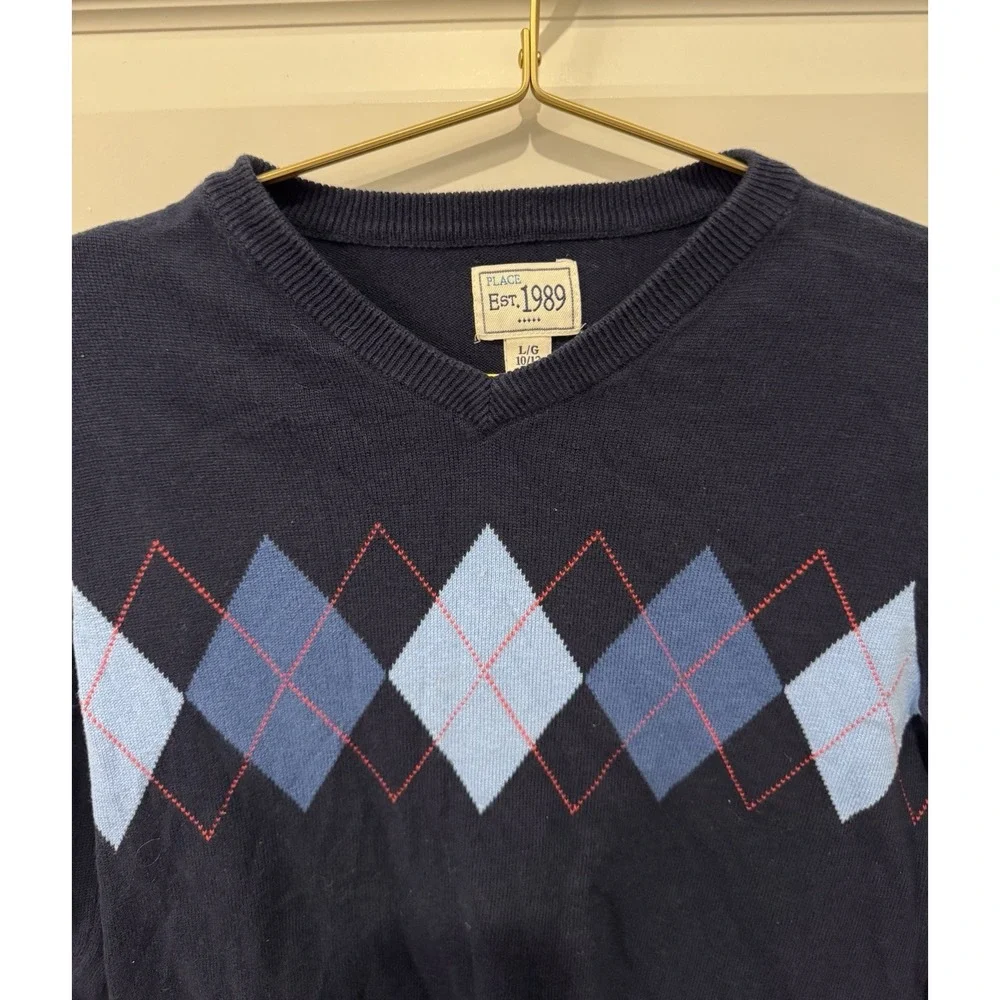 THE PLACE Boys Navy Argyle Sweater Size Large L 10 12 Long Sleeve V Neck Preppy